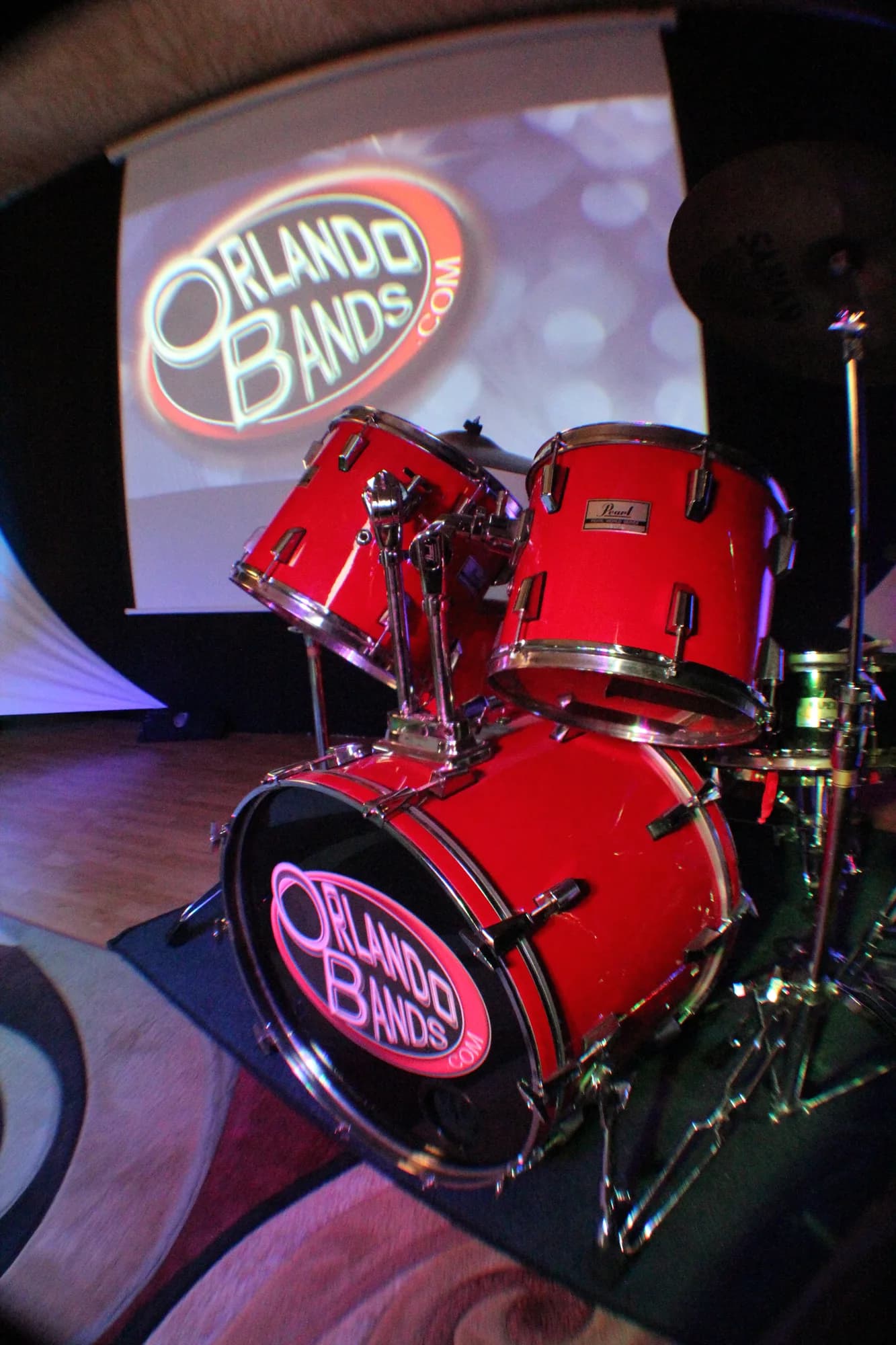 The red Pearl drum kit on the stage at the CFAV rehearsal studio